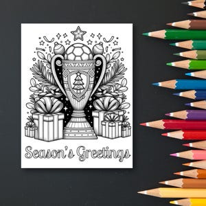 May include: A black and white illustration of a trophy with a Christmas tree inside. The trophy is surrounded by presents and holiday decorations. The text "Season's Greetings" is at the bottom of the image.