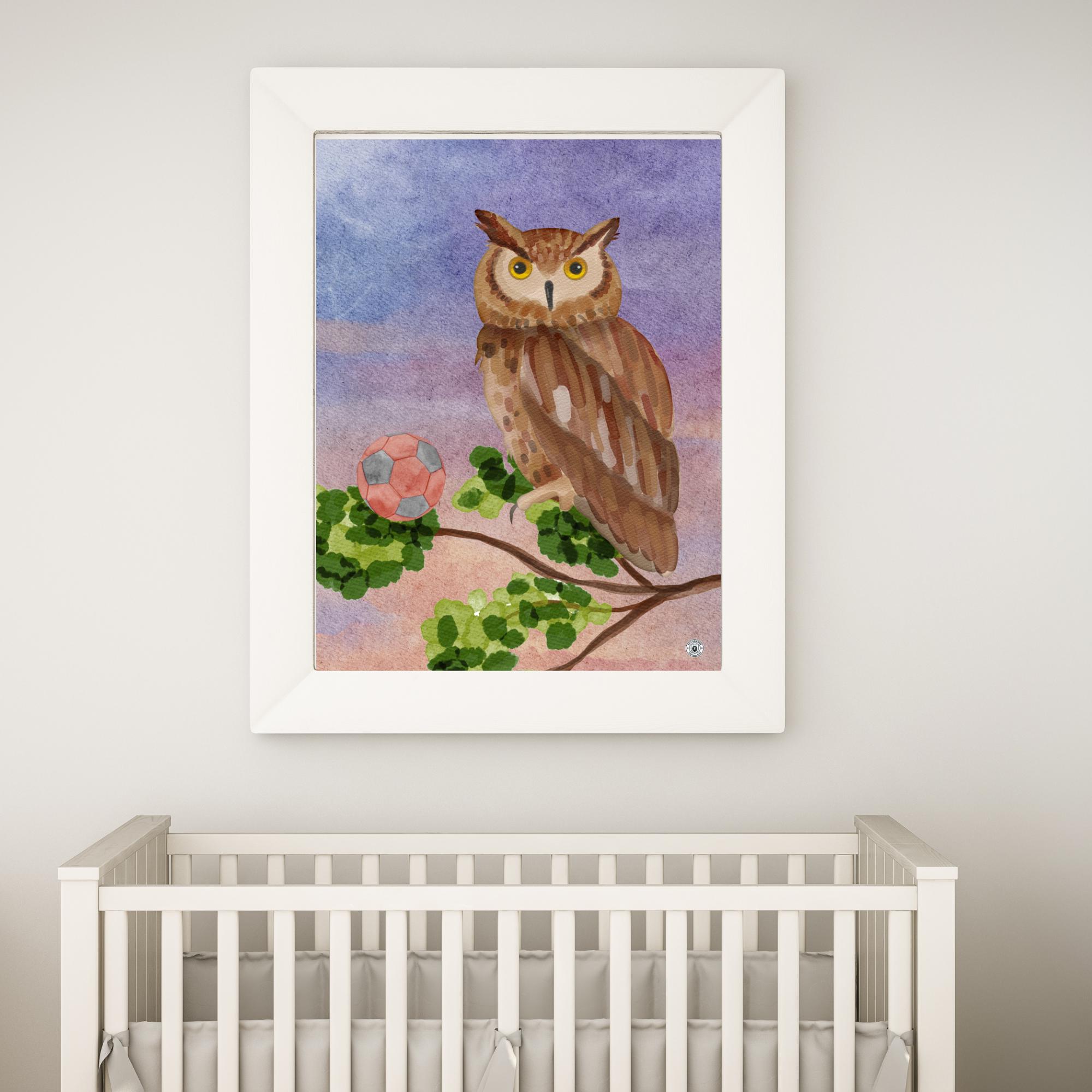 Soccer Owl Watercolor Nursery Art Print: Sports Theme (Digital Download)