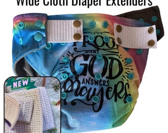 May include: Wide cloth diaper extenders featuring a rainbow tie-dye pattern with teal snaps and white elastic tabs. The text reads "PROUD THAT GOD ANSWERS PRAYERS". An inset shows beige and white textured fabric strips with glue sealed edges.