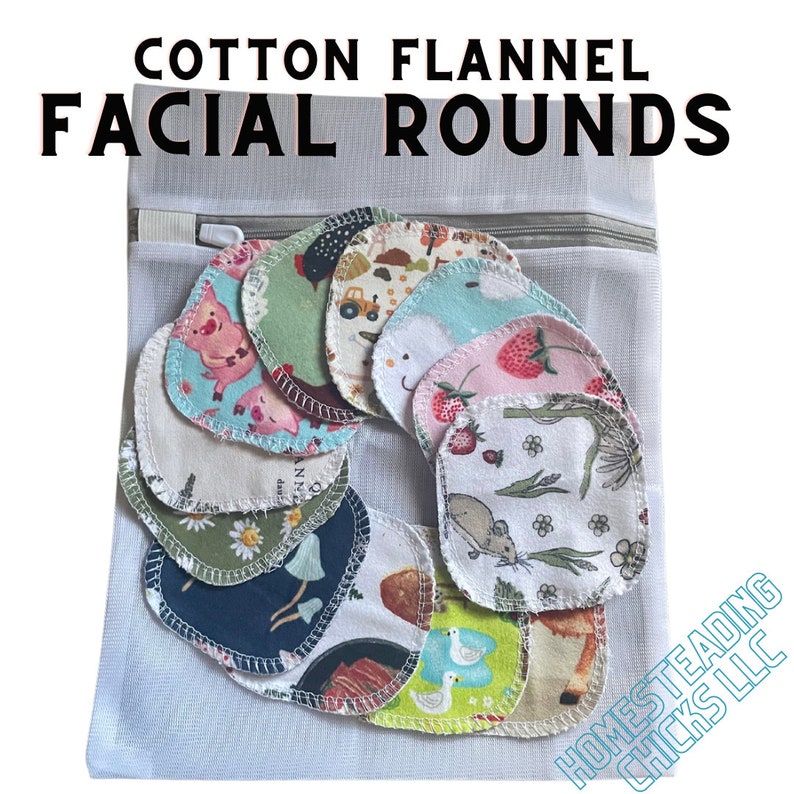 May include: A selection of cotton flannel facial rounds with diverse patterns, such as pigs, strawberries, and woodland animals, are displayed in a circle. They are stored in a white mesh bag with a zip. The text "COTTON FLANNEL FACIAL ROUNDS" is at the top.