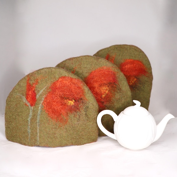 Poppy Tea Cozy, Felted Wool Orange Poppy Tea Cosy, Olive Green Flower Coffee Cozy