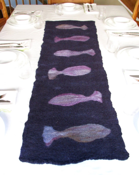 Fish Table Runner, Extra Long Felted Wool Table Runner, Nautical Table Linen, 7.5ft Table Runner