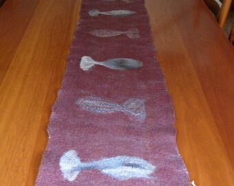 Fish Table Runner, Burgundy Felted Table Runner, Nautical Table Runner, Nautical Table Linen, Beach Home Decor, Rustic Burgundy Red Runner
