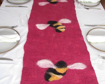Felt Wool Bumblebee Table Runner, Bee Wool Table Linen, Raspberry Pink Bee Table Runner,