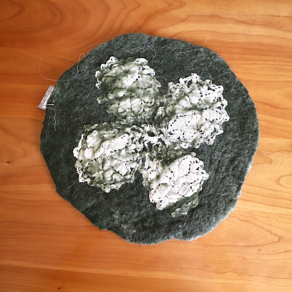 Green Doily Place Mat, Small 9" Felted Upcycled Doily Round Table Mat in Dark Green