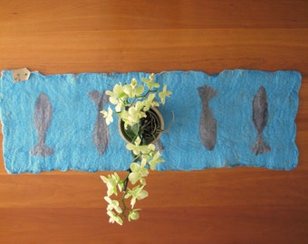 Fish Table Runner, Turquoise Felt Wool Table Runner, Nautical Table Linen,