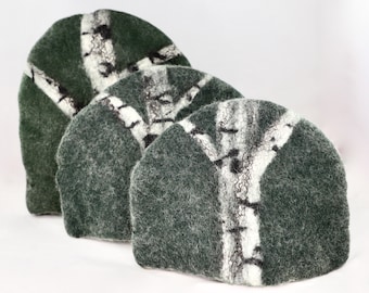 Felted Tea Cozy, Birch Tree Teapot Cozy, Dark Green Wool Tea Cosy, Coffee French Press Cozy,