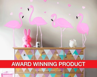 Juego de calcomanías de flamencos para pared: decoración infantil, corazones, flamencos rosados