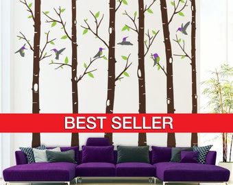 Tree Wall Decal,  Hummingbirds Birch Tree Wall Decal, Humming birds Birch Tree Wall Sticker, Birch Tree Wall Sticker, Living Room Wall Decal