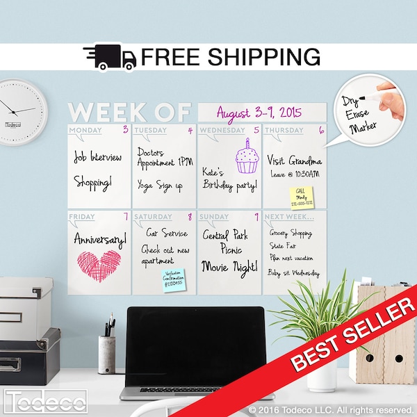 Modern Dry Erase Weekly " Week Of " Wall Calendar - White board /Dry Erase Decal Calendar, Weekly Calendar, Weekly Dry Erase Wall Decal