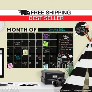 Chalkboard Calendar Decal, HUGE! Modern Monthly Chalkboard with Memo Wall Calendar, Blackboard / Large Calendar, Chalkboard Wall Calendar