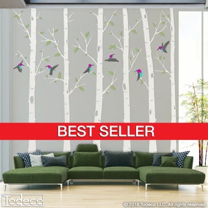 Birch Tree Wall Decal, Birch Tree Decal, Humming Birds Birch Tree Wall Decal - Hummingbird Tree Wall Decal Stickers - By Todeco