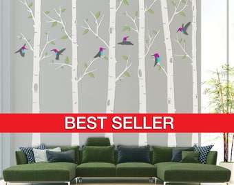 Birch Tree Wall Decal, Birch Tree Decal, Humming Birds Birch Tree Wall Decal - Hummingbird Tree Wall Decal Stickers - By Todeco