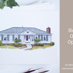 Op de afbeelding: Waterverfschilderij van een lichtblauw huis met een grijs dak, rode deur en groene luiken. Het huis is omgeven door landschapsarchitectuur en een looppad. Tekst aan de rechterkant: "House Only Option".