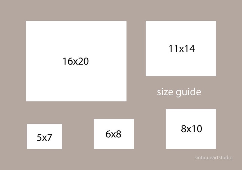 Op de afbeelding: Een maattabel met rechthoekige en vierkante witte blokken met afdrukformaten: 5x7 inch, 6x8 inch, 8x10 inch, 11x14 inch en 16x20 inch. De tekst "size guide" staat onder de maten. De naam van de kunstenaar staat onderaan.