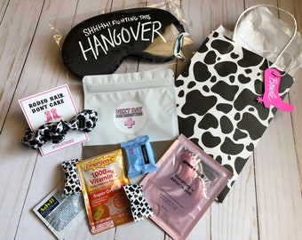 Complete Cowgirl Hangover Kit, Cow Print bag + filled pouch, Rodeo Bachelorette Last Ride, Nash Bash Cowgirl 30th 21st Birthday survival kit