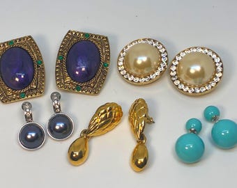 Vintage, Designer, Costume Jewelry, Earrings. Lot of 5, Some Signed, 2 Clip-On Earrings.