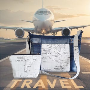 Große Jeanstasche mit Amerika-Karte und vielen Taschen, Jeanstasche im Weltkarten-Stil, große Jeans-Umhängetasche mit Schminktasche, Jeans-Umhängetasche mit Reißverschluss