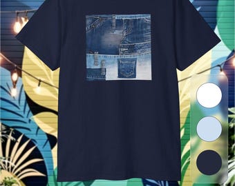 Denim Patchwork Graphic Tee | Jeans Square Print T-Shirt, tee shirt usa