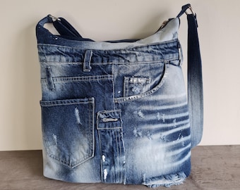 XLarge recycled Denim bag: DAVIDE upcycled Jeans, distressed style, zippered crossbody, XL size, unisex, for men