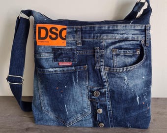 Bolso grande de mezclilla reciclada estilo desgastado, tamaño L, bolso de mezclilla para hombre, bolso bandolera, bolso de mezclilla unisex reciclado eu