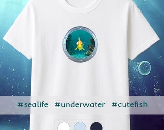 T-shirt met onderzeeër-patrijspoort | Gele onderzeeër oceaanillustratie, t-shirt met Amerikaanse print