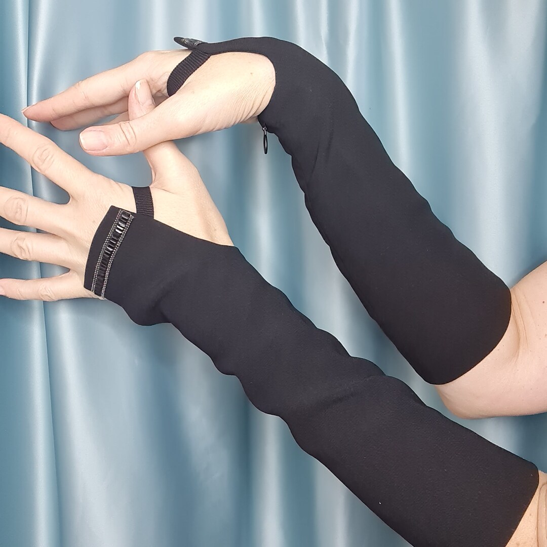 Elegant Long Black Mittens With Black Beads Decor, Black Evening