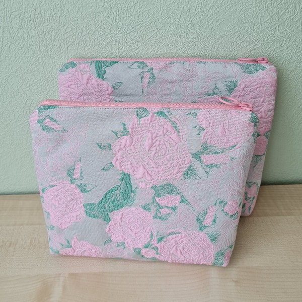 Sacs de maquillage Jacquard Floral Design, Roses fermeture éclair textile grande pochette, ensemble de sacs de toilette à fermeture éclair, grands sacs à cosmétiques floraux vert rose