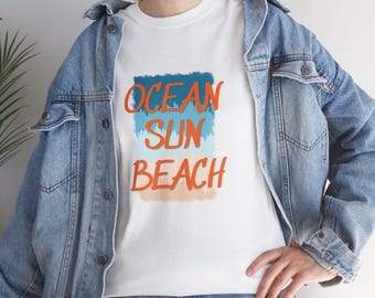 Ocean Sun Beach graphic tee: Beach vibes, retro brush lettering, T-Shirt softstyle