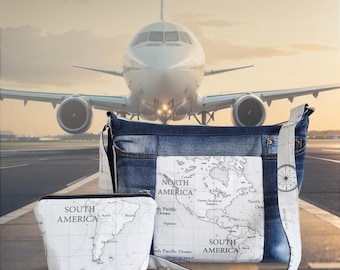 Grote denim tas met kaart van Amerika en vele vakken, jeans tas in wereldkaartstijl, grote denim crossbodytas met make-uptasje, jeans schoudertas met rits