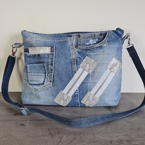 Sac en jean taille moyenne, sac en jean à bandoulière pour ordinateur portable, sac en jean à fermeture éclair, décoration en cuir, sac en jean à bandoulière recyclé pour filles et adolescentes, EU