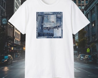 Estampado estilo patchwork de mezclilla: Camiseta con cuadro cuadrado azul, camiseta de arte minimalista moderno, amantes de los jeans