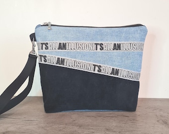 Bolso de mano con cremallera de pana negra para vaqueros azules, bolso pequeño para adolescentes, bolso de maquillaje plateado para vaqueros, neceser para vaqueros (UE)