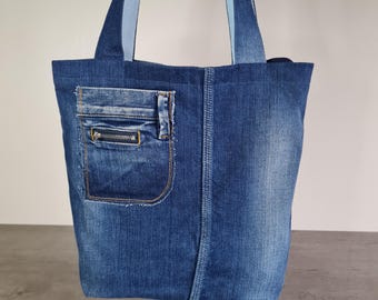 Bolso de compras Denim Tote con bolsillos, Bolso Tote Jeans reciclado tamaño mediano, Bolso de hombro Denim eu