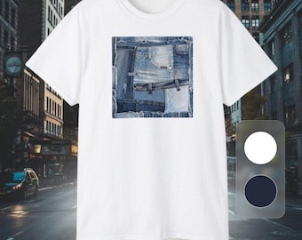 T-shirt met patchworkprint in denimstijl: Blauw vierkant schilderij, modern minimalistisch kunst T-shirt, voor jeansliefhebbers
