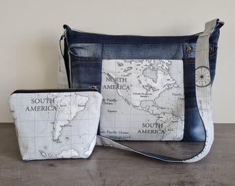 Bolso grande de mezclilla con mapa de América y muchos bolsillos, bolso de mezclilla estilo mapa del mundo, bolso bandolera grande de mezclilla con bolsa de maquillaje, bolso de hombro de mezclilla con cremallera