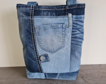 Bolso tote vaquero: estilo patchwork desgastado, con bolsillos, grande, para llevar al hombro, ideal para ir de compras