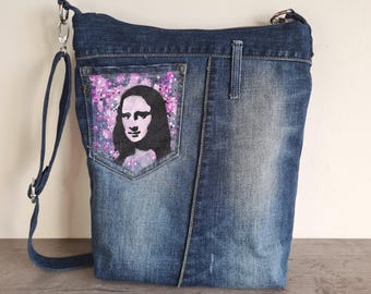 Bolso vaquero grande pintado a mano con correa, bolso bandolera de mezclilla reciclada, bolso de hombro de mezclilla reciclada, estilo boho hippie.