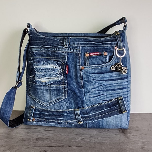 Große Jeans-Tasche im Distress-Stil, Unisex, recycelte Reise-Jeans-Tasche für Herren, Jeans-Umhängetasche in XL-Größe, Upcycling-Jeans-Umhängetasche für Herren, EU