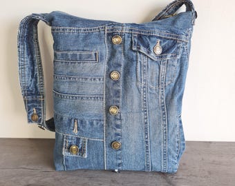 Bolso de hombro con cremallera para jeans, tamaño L, bolso grande de mezclilla reciclada, bolso grande para jeans azules con botones de metal, hombro con bolsillos eu