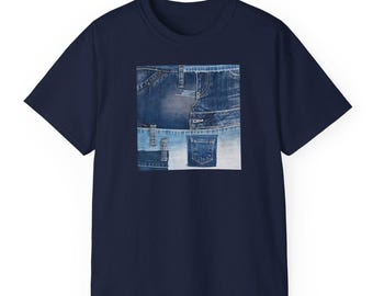 Camiseta con estampado de patchwork de mezclilla: camiseta con collage de jeans azules, diseño ecológico, tienda de camisetas estampadas