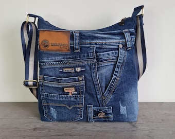 Bolso vaquero mediano con correa, bolso bandolera vaquero reciclado, bolso de hombro vaquero reciclado, bolso vaquero con muchos bolsillos, bolso vaquero Europa