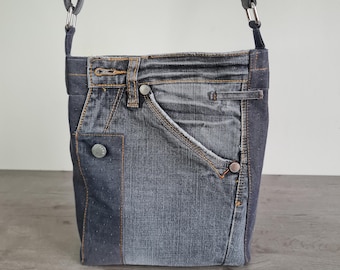 Bolso bandolera de jeans grises: bandolera, pequeño, Levis de mezclilla gris reciclada, botón magnético, monedero para jeans para adolescentes
