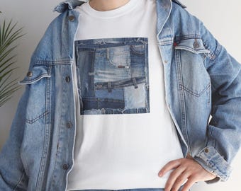 Estampado estilo patchwork de mezclilla: Camiseta con cuadro cuadrado azul, camiseta de arte minimalista moderno, amantes de los jeans