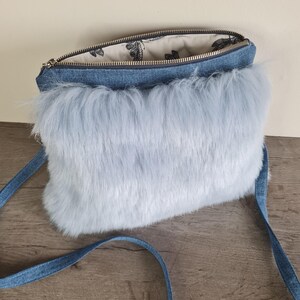 Faux fur Jeans messenger bag blue color, faux fur jeans crossbody small bag, faux fur jeans bag with jeans  strap, christmas gift eu