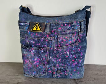 Bolso grande de jeans: pintado a mano, con correa, bolso bandolera de mezclilla reciclada, bolso de hombro reciclado, muchos bolsillos