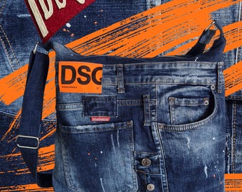 Duża torba z recyklingowanego jeansu w stylu distressed, rozmiar L. Torba z jeansu dla mężczyzn, torba typu crossbody, unisex. Torba z recyklingowanego jeansu w stylu europejskim.