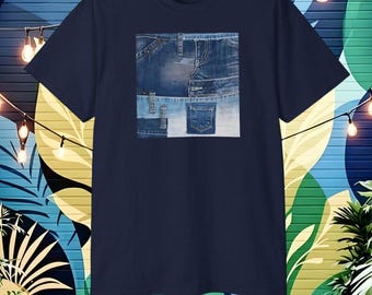 Camiseta con estampado de patchwork de mezclilla: camiseta con collage de jeans azules, diseño ecológico, tienda de camisetas estampadas