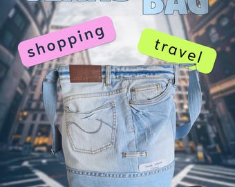 Bolso de viaje grande para vaqueros, bolso de compras para vaqueros con bolsillos, bolso para vaqueros reciclados con botón magnético, bolso de hombro grande para vaqueros azul claro eu