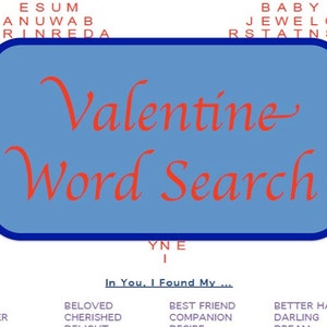 Könnte beinhalten: Ein Wortsuchrätsel zum Valentinstag. Der Titel "Valentine Word Search" steht in roter Schrift auf blauem Hintergrund. Das Rätsel enthält eine Liste von Wörtern, die gefunden werden müssen, wie "Baby", "Beloved" und "Best Friend".